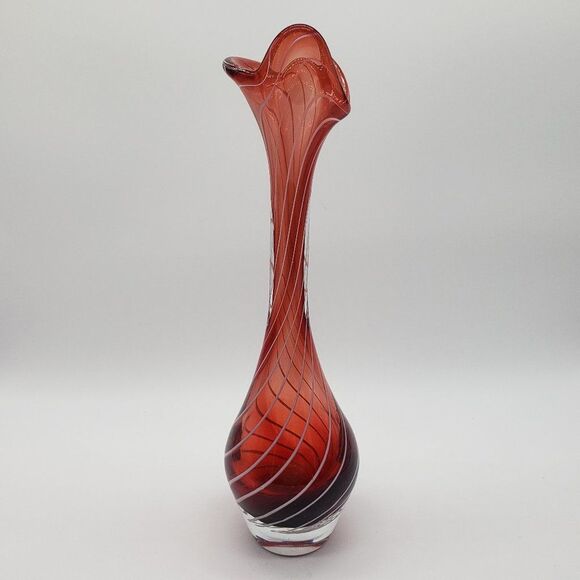 Vintage Esborg, Denmark 1970s Red Cranberry White Swirl Art Glass Vase - Picture 12 of 13
